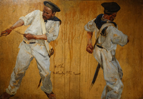 Sailors pulling a rope Study for  panorama The Defense of Sevastopol 1902 Oil on cardboard Roubaud Franz Alekseevich (1856-1928)