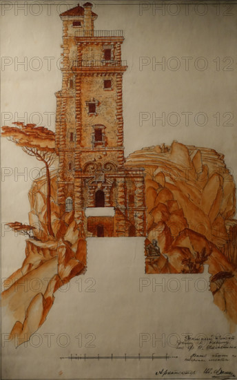 Fyodor Chaliapin's House in Crimea Castle of Arts Sketch Project The Facade of the Tower on the Bridge Side 1915 Fomin Ivan Alexandrovich (1872-1936)