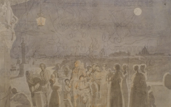 Ave Maria 1838 Sketch for the watercolour Ave Maria (Quay at Ripetta with a Corner Madonna and the crowd singing Ave Maria in front of it 1839 State Russian Museum)  Watercolour, black pencil, ink, pen on paper