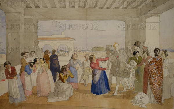 October Festival in Rome Scene in  Loggia (invitation for a dance) 1842 Variant - sketch  Watercolour, black pencil on paper