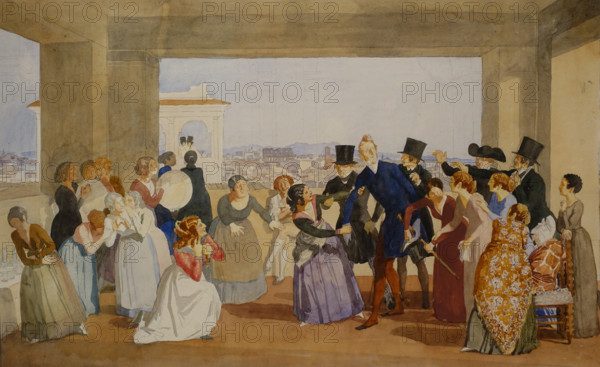 October Festival in Rome Scene in  Loggia (invitation for a dance) 1842 Variant - sketch  Watercolour on paper