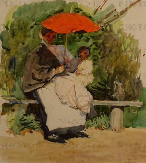 Nanny with a child 1896 Konstantin Andreevich Somov (1869-1939) Watercolour