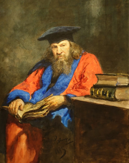 Portrait of Dmitry Ivanovich Mendeleev (1834-1907) in the mantle of the Honorary Doctor of Laws of the University of Edinburgh 1885 Repin Ilya (1844-1930)