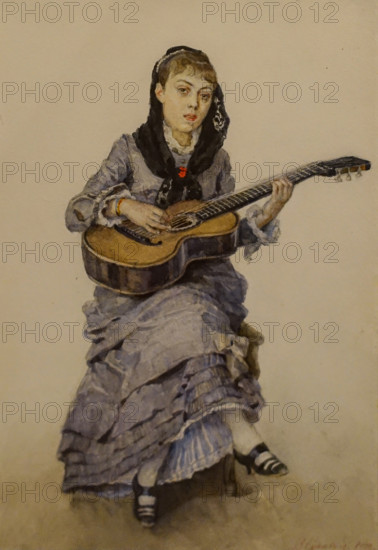 With a guitar Portrait of Princess Sophia Avgustovna Kropotkina 1882 Surikov Vasily (1848-1916) Watercolour