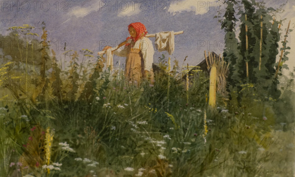 Girl with linen on a carrying pole on the grass 1874 Kramskoy Ivan Nikolaevich (1837-1887) Watercolor