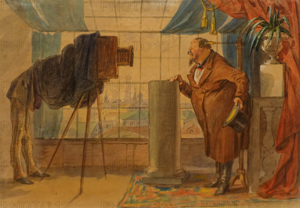 Merchant at photographer studio 1857 Shmelkov Petr (1819-1890) Watercolor