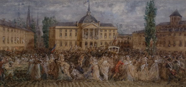 Louis XVI and Marie Antoinette passing in front of the town hall at Châlons-sur-Marne on their way from Varennes June 22, 1792 Joseph Navlet (1821-1889)