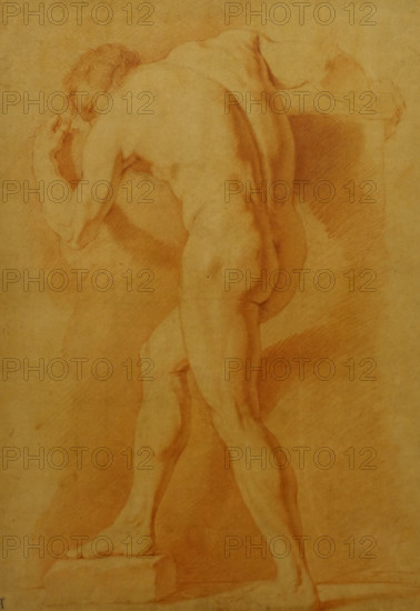 Male Model pushing a stone slab 1790s Aleksey Yegorov (1776-1851) Sanguine, stump on grey tinted laid paper