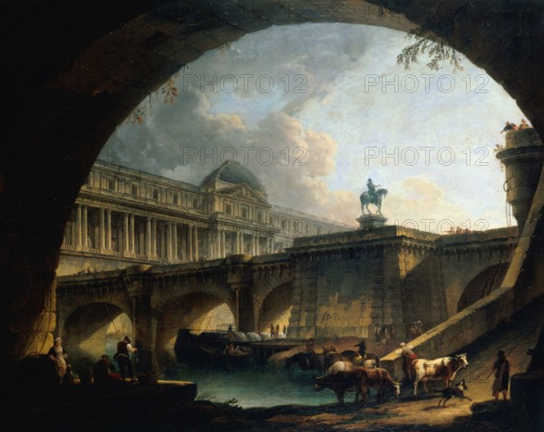A palace inspired by the Louvre and the Pont-Neuf framed within the arch of a bridge.