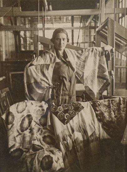 Lyudmila Mayakovskaya (1884-1972) with samples of decorative fabric for the 1925 World Exhibition in Paris
