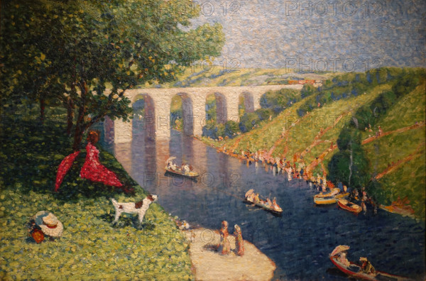 On a river by a white bridge