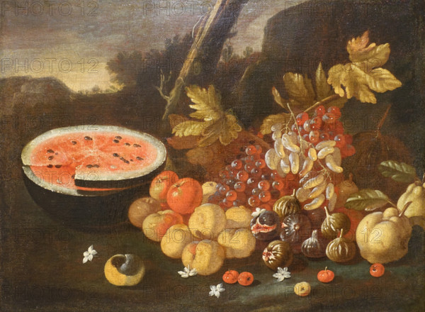 Still Life with Watermelon and fruits in a landscape
