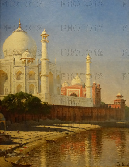 Taj Mahal Mausoleum at sunset from the river side