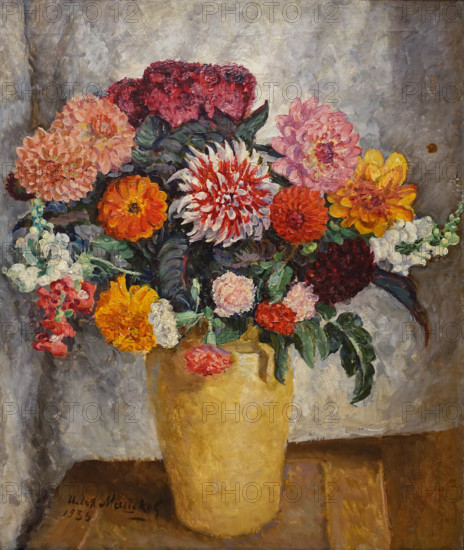 Colorful Bouquet in a Clay Jug on a Light Background