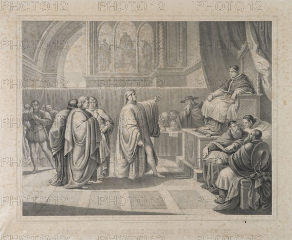 Dante Alighieri ambasciatore dei fiorentini incontra Bonifacio VIII, litografia metv† XIX secolo (Thomas et imprime par Becquet frv®res v† Paris)