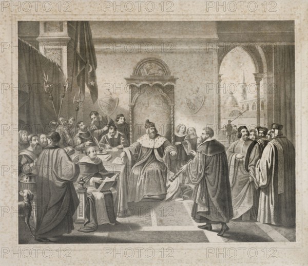 Galileo offre il suo cannocchiale al doge, litografia metv† XIX secolo (Thomas et imprime par Becquet frv®res v† Paris)