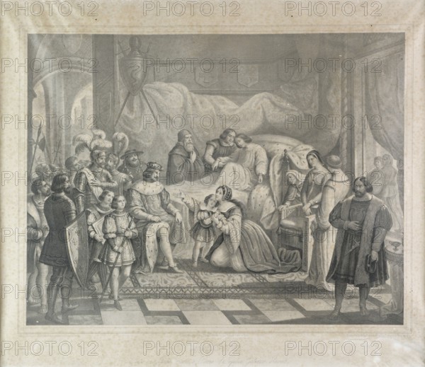 Carlo III sceso in Italia visita a Pavia l'infelice Galeazzo Visconti, litografia metv† XIX secolo (Thomas et imprime par Becquet frv®res v† Paris),