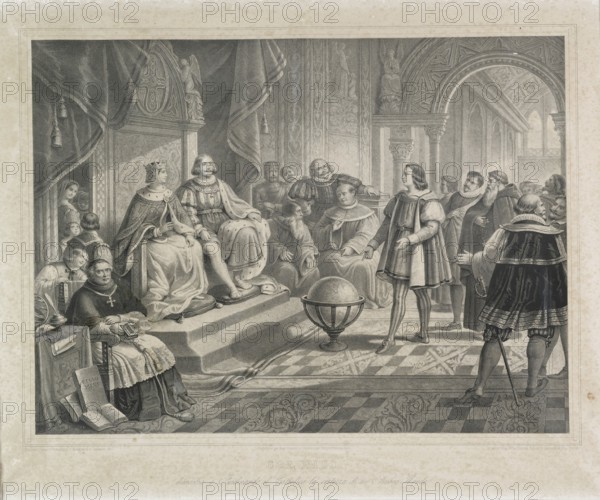 Cristoforo Colombo dimostra al re Ferdinando d'Aragona la sua certezza del nuovo mondo, litografia metv† XIX secolo (Thomas et imprime par Becquet frv®res v† Paris)