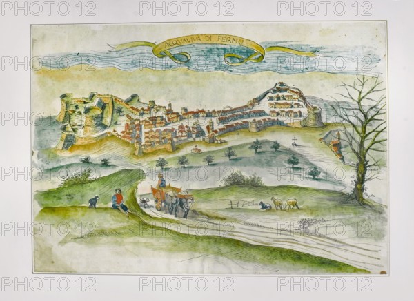 View of the village of Acquaviva Picena, watercolor, 17th century