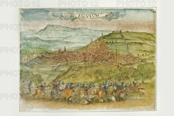 Asculum. View of the city of Ascoli Piceno, watercolor, 17th century