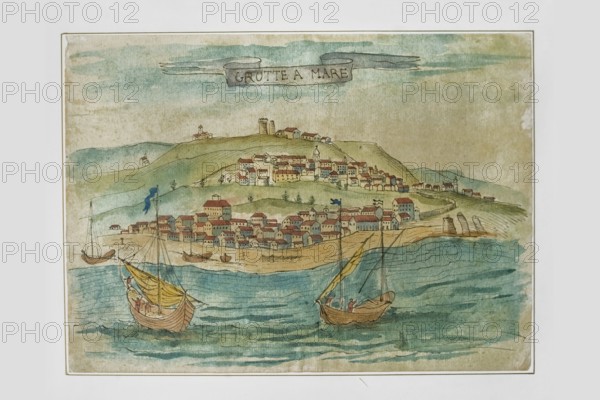 Grotta a Mare. View of the village of Grottammare, watercolor, 17th century.