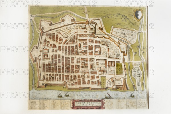 Joan Blaeu, Fanum Fortunae historical map of the city of Fano, 17th century, engraving