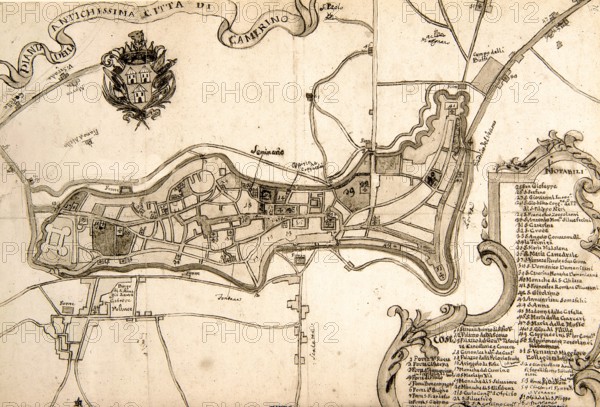 Camerino, 17th century historical map of the city, watercolor drawing, Camerino, Valentiniana Municipal Library