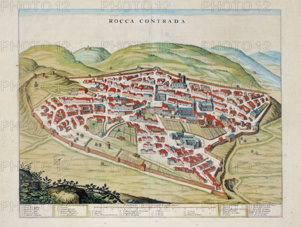 Rocca Contrada, current Arcevia, historical map of the city from the 18th century, made from a drawing by Ercole Ramazzani in 1594, watercolour engraving