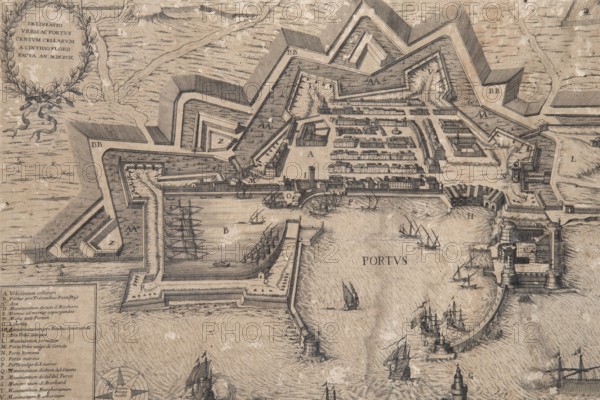 Historical engraving depicting the port and the city of Civitavecchia Centum Cellae, author of the drawing Cinthio Floro, dating 1699