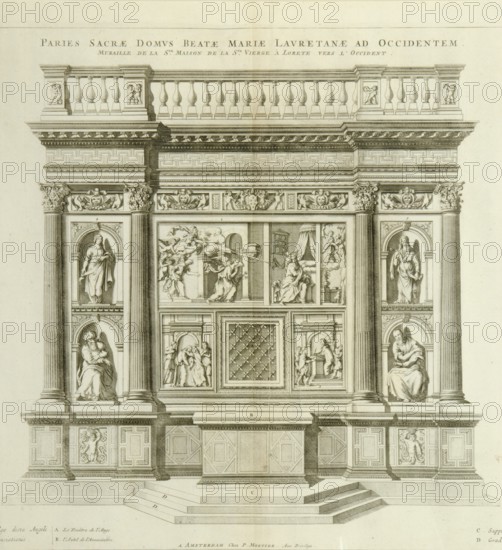 Pierre Mortier, Santuario di Loreto, incisione, XVII secolo. La parete decorativa che ricopre verso occidente la Santa casa della Vergine di Loreto