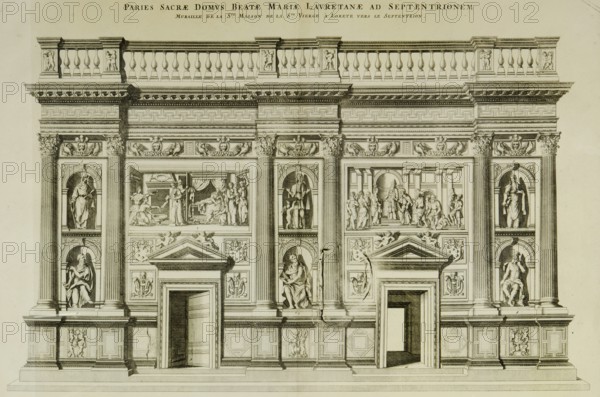Pierre Mortier, Sanctuary of Loreto, engraving, 17th century. The decorative wall that covers the north side of the Holy House of the Virgin of Loreto.