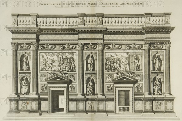 Pierre Mortier, Sanctuary of Loreto, engraving, 17th century. The decorative wall that covers the Holy House of the Virgin of Loreto to the south.
