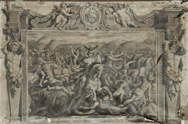 Historical engraving depicting a mythological battle scene, 17th century