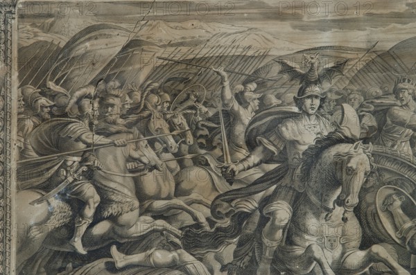 Historical engraving depicting a mythological battle scene, 17th century