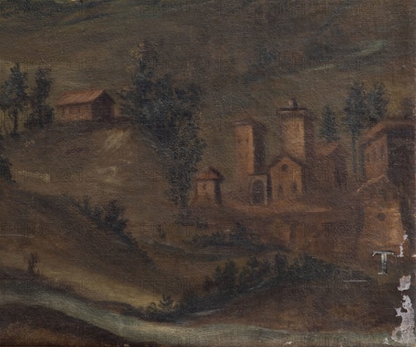 Jesi (Italia, Marche, provincia di Ancona), Biblioteca Planettiana, Sala della direzione. Antonino Sarti (attribuzione), La cittv† di jesi e il suo territorio, olio su tela, XVII secolo
