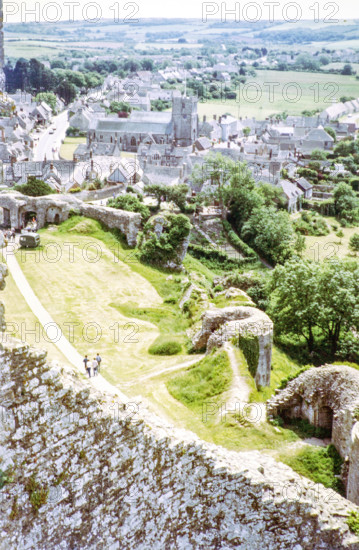View of Corfe Castle village from the castle ruins.