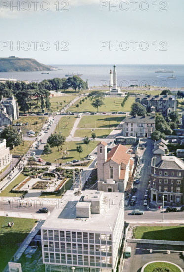 View down Armada Way to coast and Plymouth Hoe.