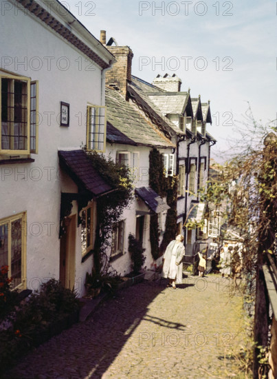 Steep hill of cobbled main street in coastal village of Clovelly.