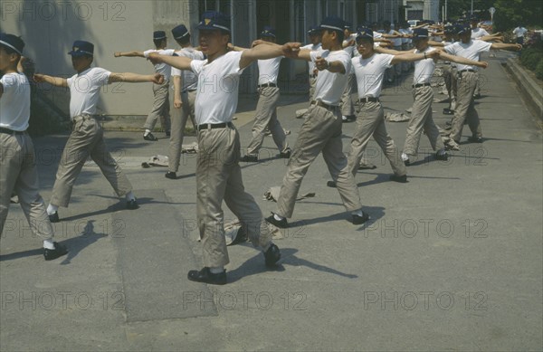 JAPAN, People, Group exercise by Toyota workers.