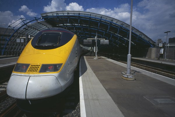 TRANSPORT, Rail, Channel Tunnel, "Eurostar Train at Waterloo Station platform, part view from front."