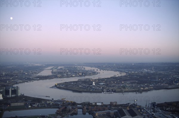 ENVIRONMENT, Pollution, Smog, Aerial view from Canary Wharf over the River Thames towards the Thames Barrier in the early morning city smog