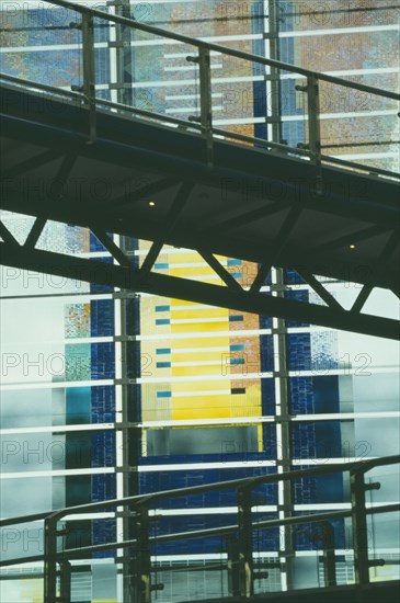 ENGLAND, Birmingham, Convention Centre, Window covered in graphics partially obscured by ramp passing through in the foreground