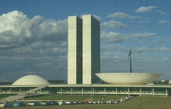 BRAZIL, Federal District, Brasilia, Palace of National Congress. The dishes house the Senate Chamber and House of Deputies