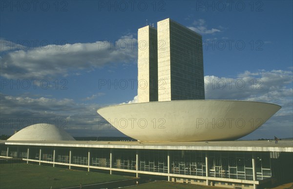 BRAZIL, Federal District, Brasilia, Palace of National Congress. The dishes house the Senate Chamber and House of Deputies