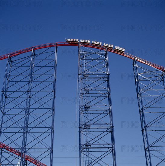 ENGLAND, Blackpool, "View looking up at a carriage at the top of The Big One roller coaster, the tallest in the world"
