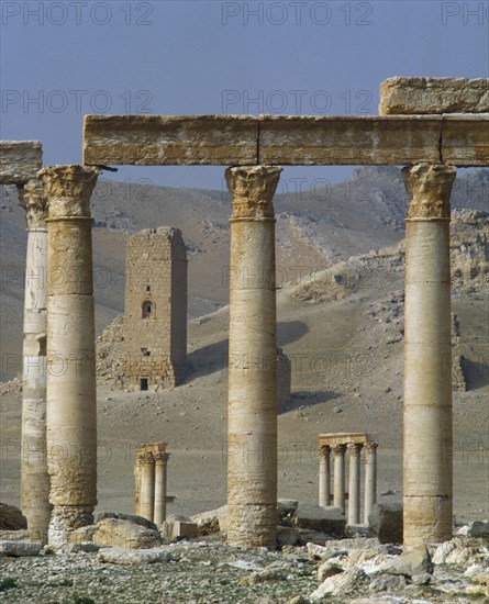 SYRIA, Central, Tadmur, "Palmyra monumental Arch, ruins, view towards funerary towers of Yemliko "