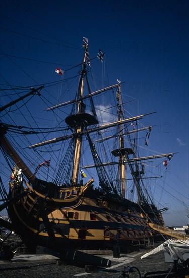 ENGLAND, Hampshire, Portsmouth, Admiral Lord Nelson's HMS Victory in Portsmouth’s Historic Dockyard.