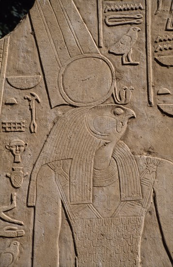 EGYPT, Luxor, Karnak, Relief carving of Montu the hawk headed war god