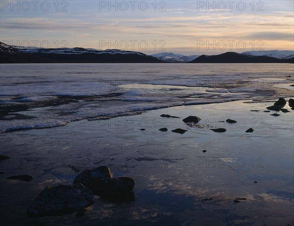 FINLAND, Lapland, "Kilpisjarvi     West panorama to Norway,midnight sun,Way of the Four Winds,lake "