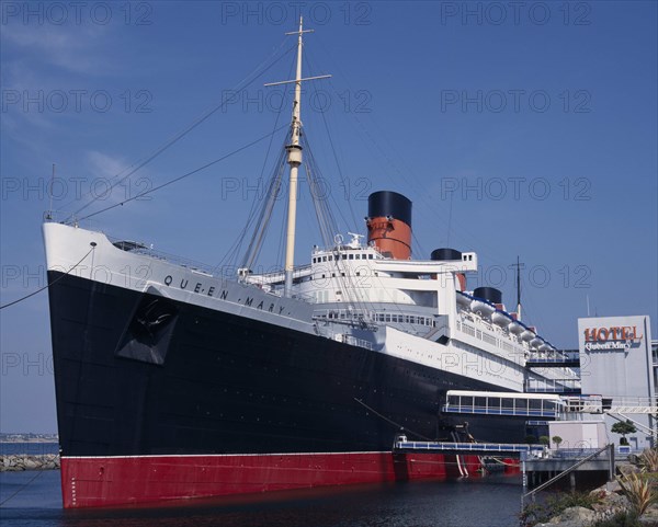 USA, California, Los Angeles, Queen Mary cruise liner moored as an hotel.